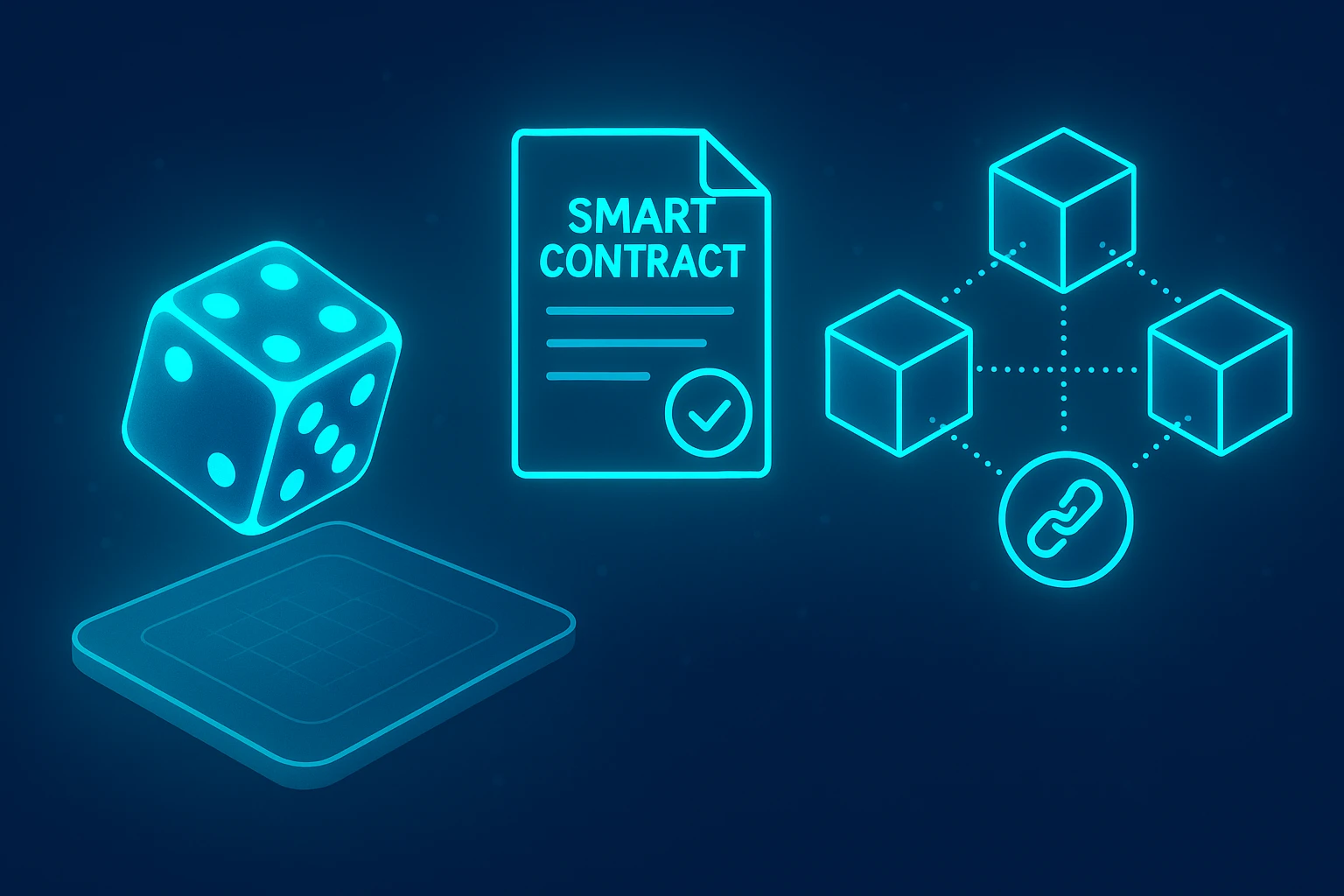 Minh họa quy trình hoạt động của tài xỉu blockchain: xúc xắc kỹ thuật số được lăn trên nền tảng số, bên cạnh là hợp đồng thông minh (smart...