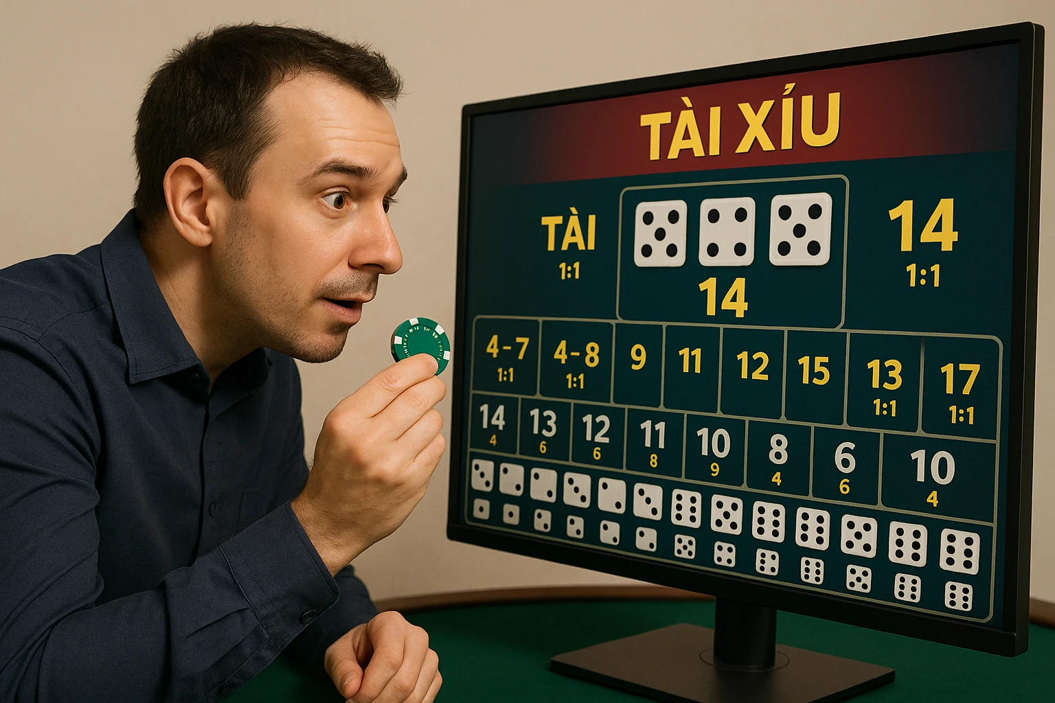 Ảnh minh họa người chơi đang quan sát kết quả tài xỉu trên màn hình, tay cầm chip để thực hiện chiến thuật tăng gấp đôi với biểu cảm tập trung và...