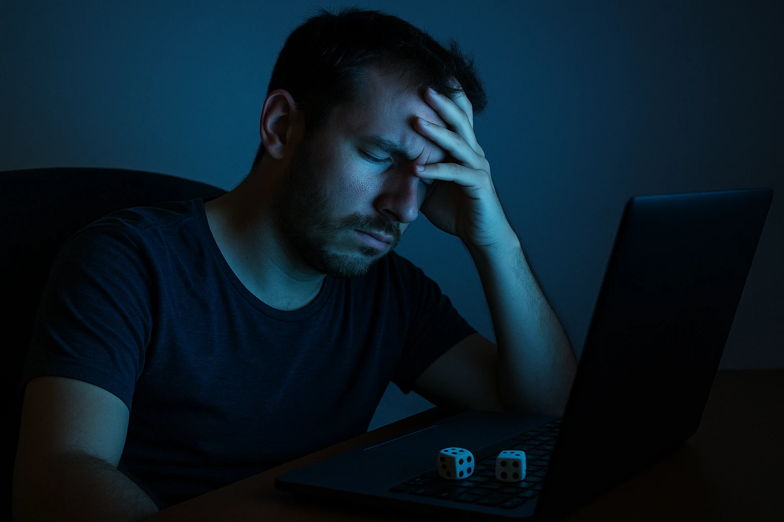 Ảnh một người đàn ông dựa lưng mệt mỏi trước màn hình laptop, tay ôm trán, ánh sáng màn hình xanh lam phản chiếu lên mặt, thể hiện tình trạng căng...