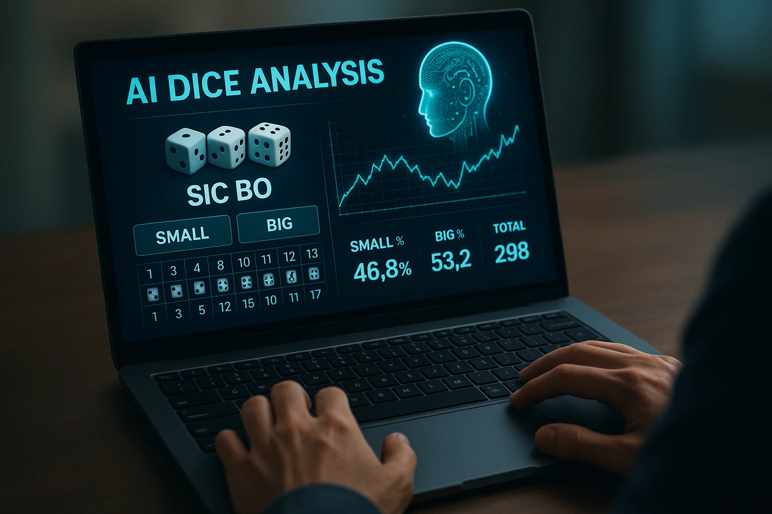 Hình ảnh người chơi tài xỉu sử dụng laptop với giao diện hiển thị đồ họa phân tích từ AI, đường biểu đồ, thông số thống kê rõ ràng dưới ánh sáng...