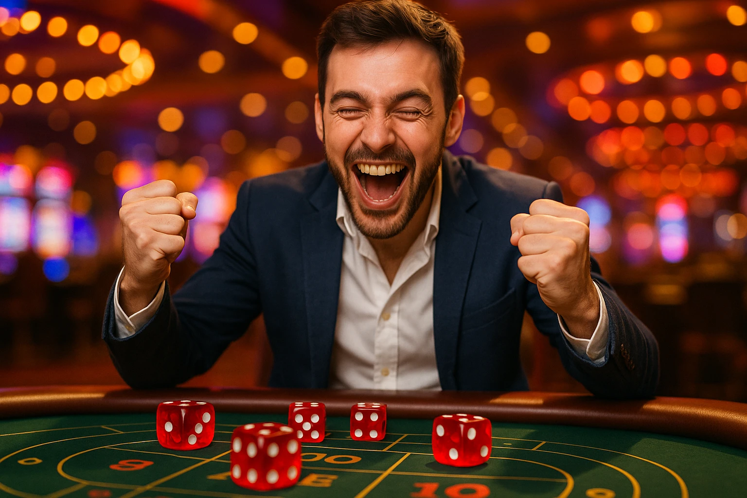 Hình ảnh một người chơi tài xỉu vui mừng khi chiến thắng với các viên xúc xắc trên bàn, ánh sáng đèn rực rỡ tạo không khí casino sôi động, khuôn...