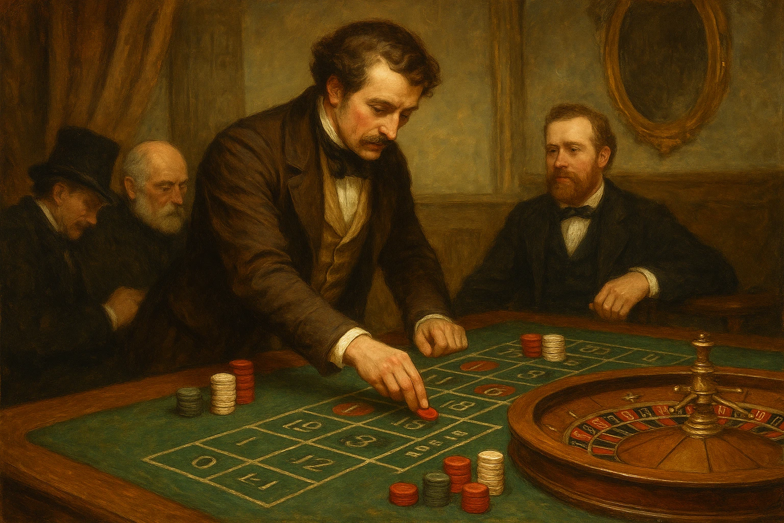 Minh họa lịch sử trò chơi casino cổ điển tại châu Âu với người chơi đặt cược bằng chip, thể hiện nguồn gốc của chiến thuật tăng gấp đôi từ Roulette...