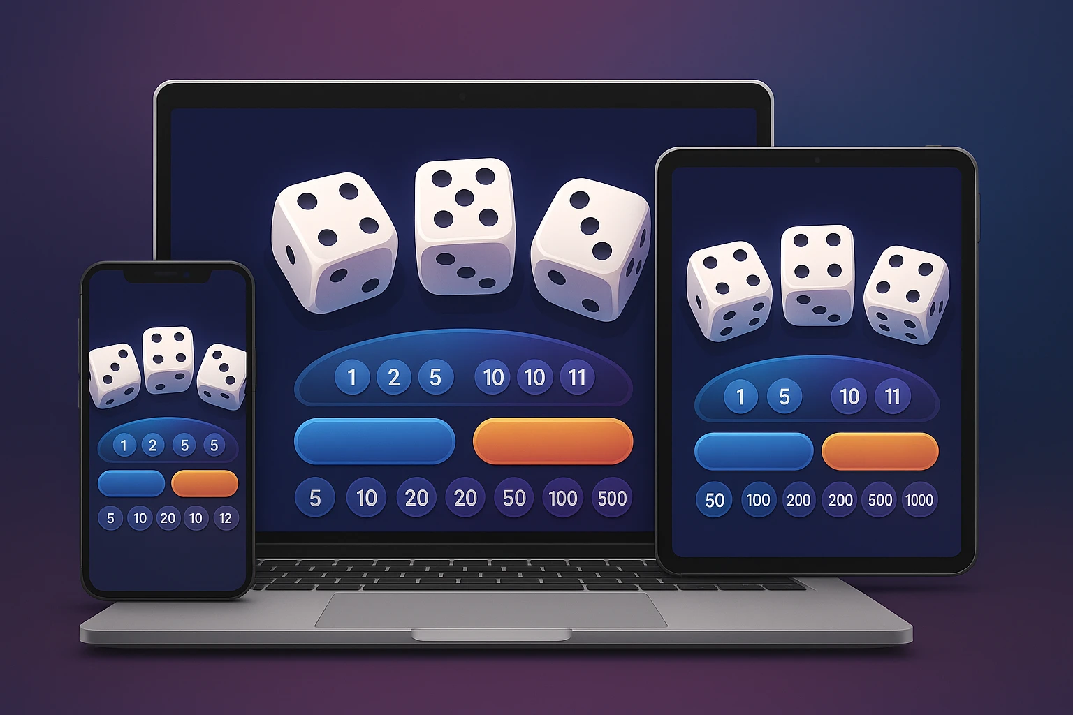 Hình ảnh minh họa ba thiết bị gồm laptop, smartphone và tablet cùng hiển thị giao diện tool tài xỉu hiện đại; màu sắc hài hòa, thể hiện sự kết nối...