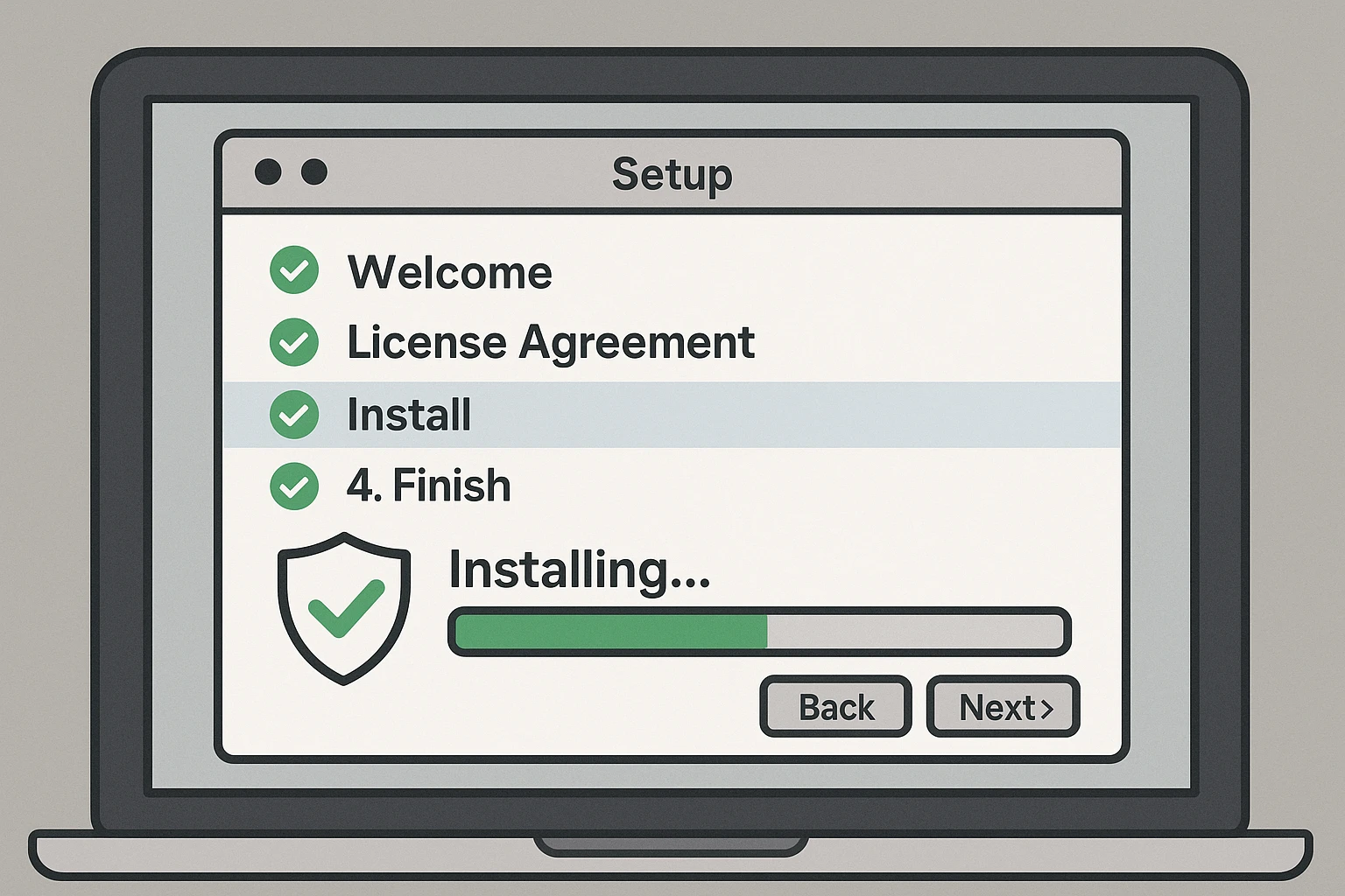 Hình ảnh mô tả quá trình cài đặt một phần mềm trên máy tính, với các bước hiển thị rõ ràng trên màn hình, gợi ý sự an toàn và dễ thao tác của tool...