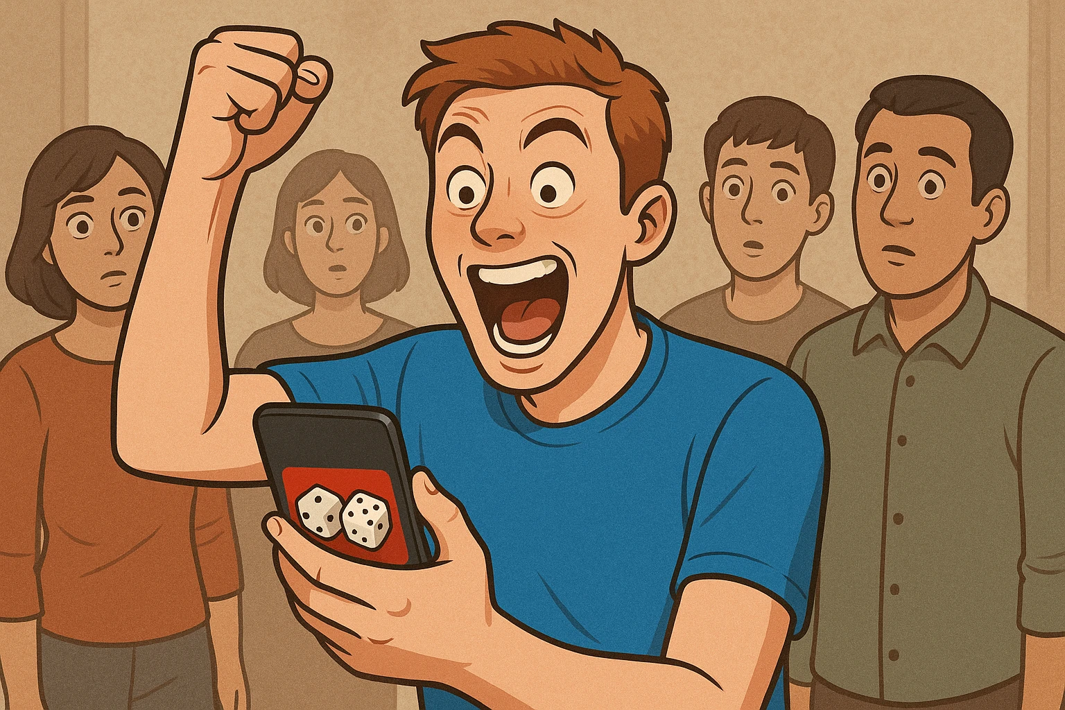 Hình minh họa người chơi tài xỉu khoe chiến thắng trên mạng xã hội với điện thoại và biểu cảm phấn khích quá mức, xung quanh có những ánh nhìn tò...