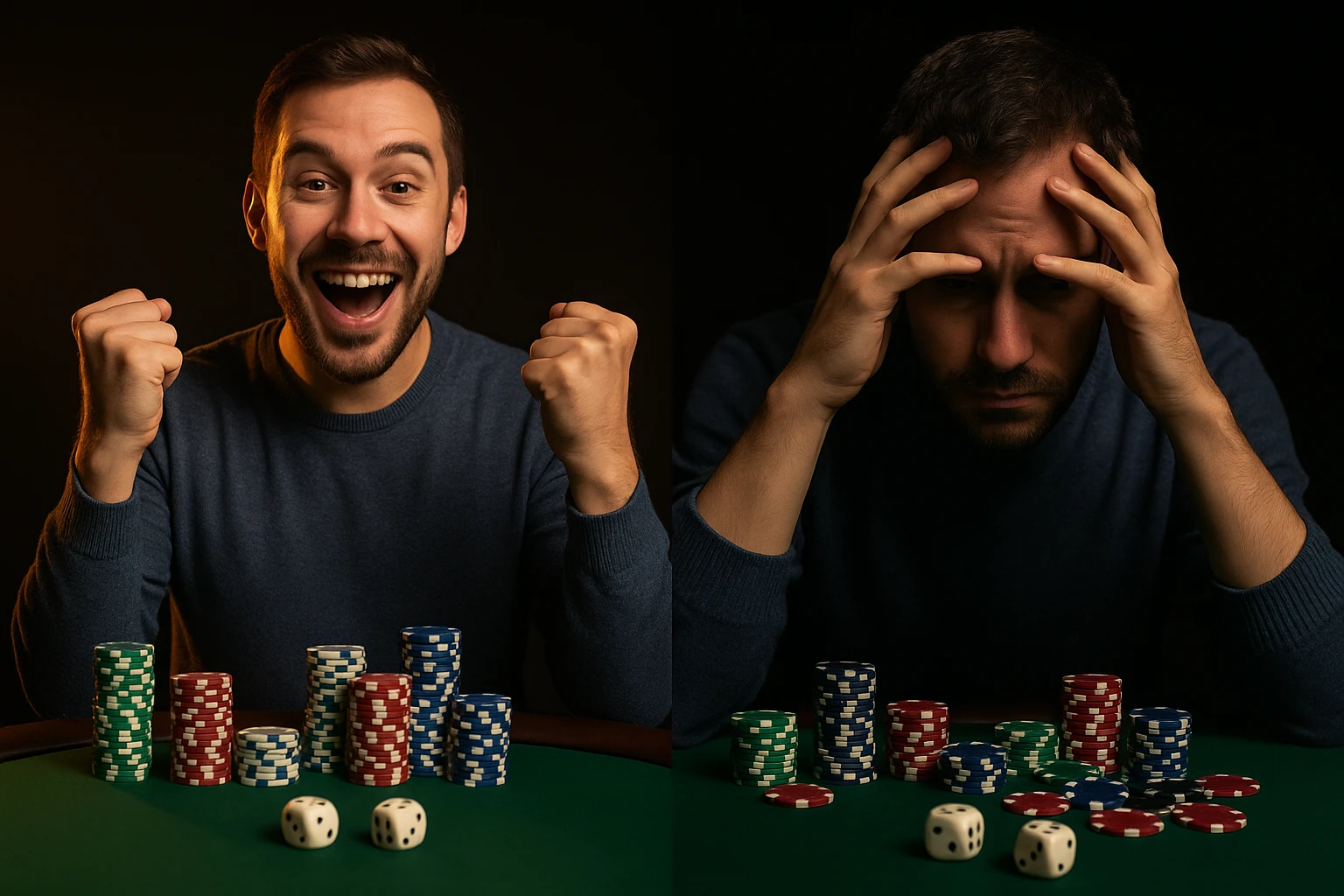 Hình ảnh so sánh hai trạng thái cảm xúc của người chơi tài xỉu – một bên vui mừng phấn khích sau chiến thắng và một bên lo âu suy tư khi mất kiểm...