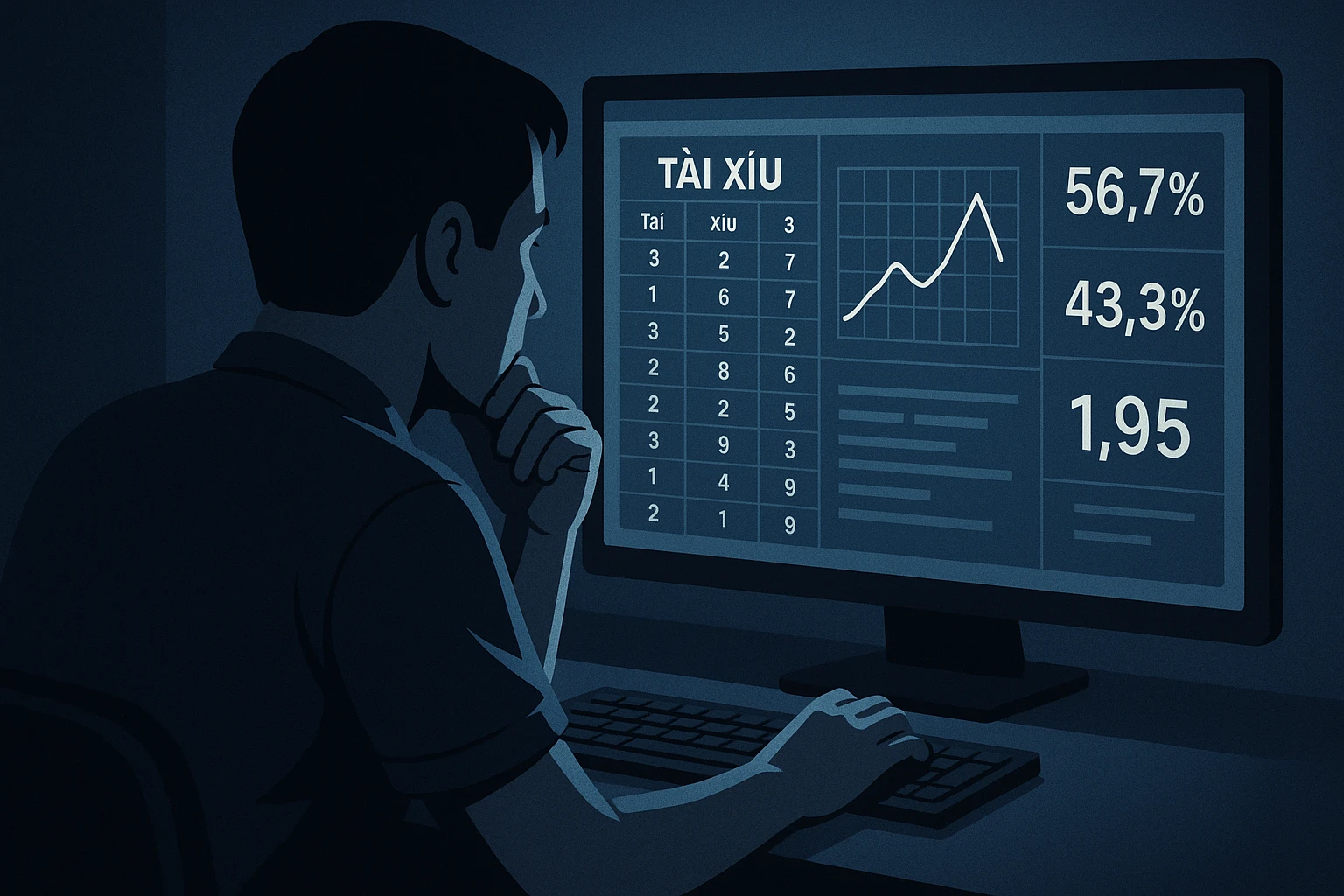 Hình minh họa một người đang ngồi trước màn hình máy tính với bảng dữ liệu tài xỉu, biểu đồ thống kê và các con số tỷ lệ, ánh sáng tập trung làm...