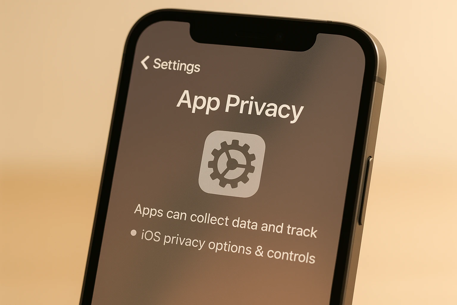 Hình ảnh cận cảnh một chiếc iPhone đang hiển thị màn hình cài đặt ứng dụng bên thứ ba, biểu tượng bánh răng cài đặt và nội dung liên quan đến bảo...