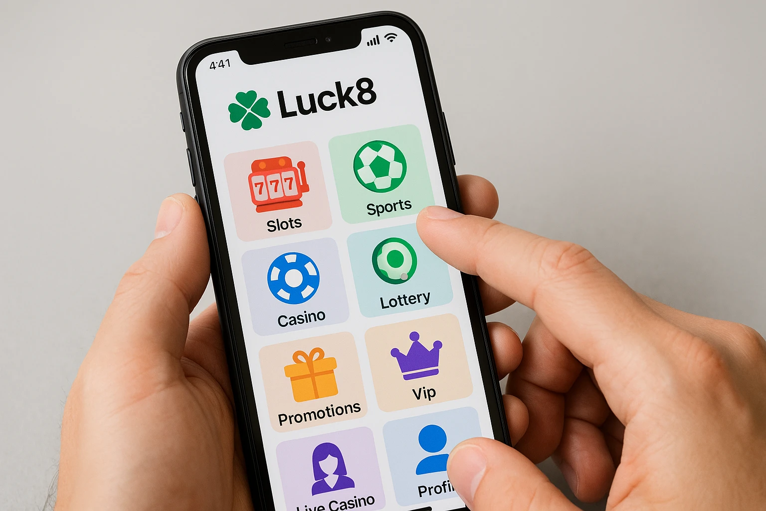 Hình ảnh minh họa một chiếc điện thoại hiện đại đang hiển thị giao diện ứng dụng Luck8, với các icon sắc nét, màu sắc thân thiện, người dùng đang...