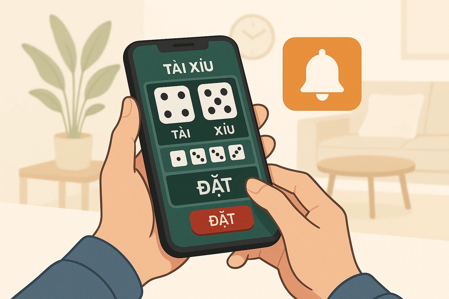 Hình minh họa một người đang chơi tài xỉu online trên điện thoại với biểu tượng ứng dụng nhắc nhở hiện ra, không có chữ, không gian sáng sủa thể...