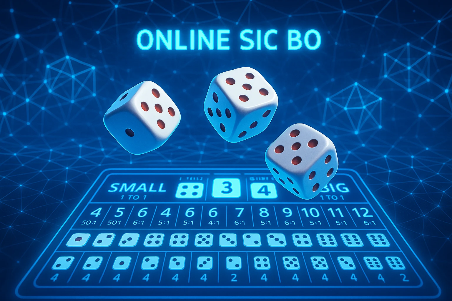 Minh họa một bàn chơi tài xỉu trực tuyến với hiệu ứng xúc xắc 3D trong không gian số, phía sau là các mạng lưới blockchain phát sáng tượng trưng...