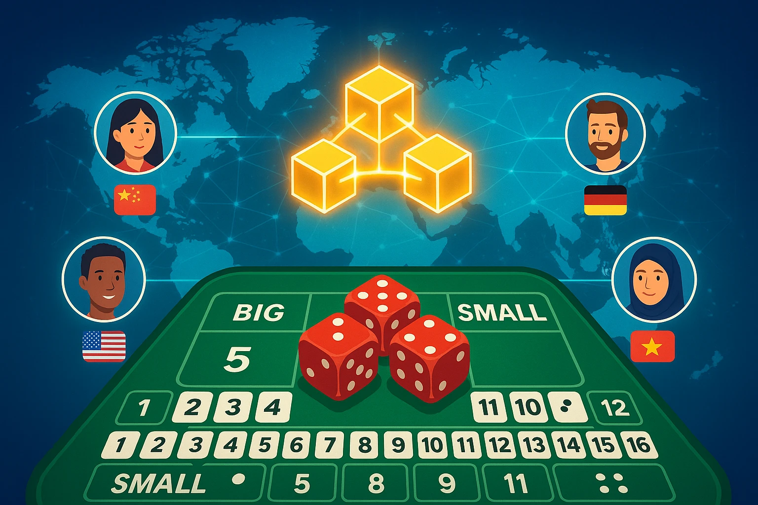 Ảnh minh họa một bàn chơi tài xỉu online với người chơi từ nhiều quốc gia khác nhau được kết nối qua bản đồ số toàn cầu, ở giữa là biểu tượng...