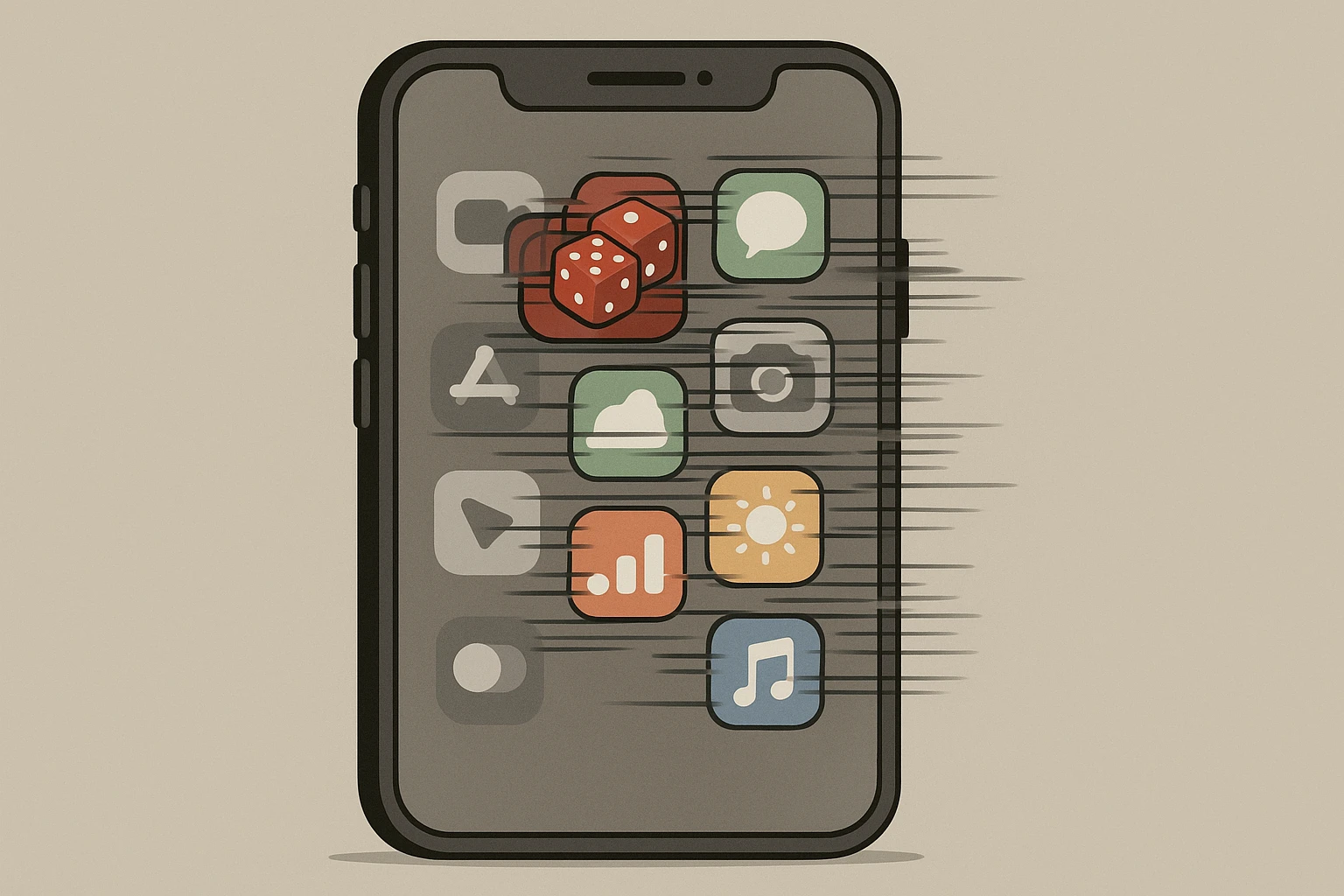 Hình mô tả một chiếc điện thoại di động hiển thị nhiều ứng dụng đang bị giật lag, trong đó có biểu tượng của một app tài xỉu và các biểu tượng ứng...